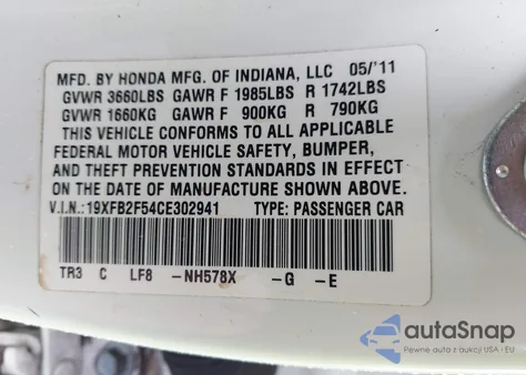 2012 Honda Civic Lx z USA, uszkodzony, nr VIN 19XFB2F54CE302941